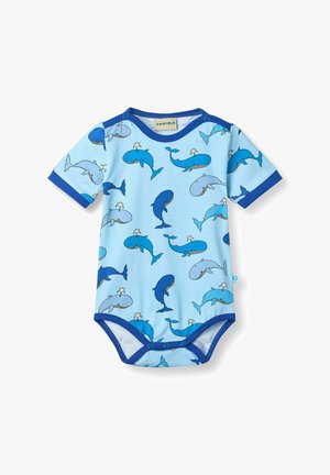 Világoskék baba body sötétkék szegéllyel, különböző kék rajzfilm bálnákkal díszítve, amelyek vizet spriccelnek.