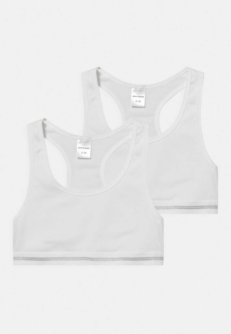 Ensemble bralette en coton blanc avec une texture côtelée, doté de larges bretelles, d'un col rond et d'une finition argentée à l' ourlet. Deux pièces incluses.