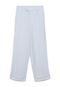 Pantaloni bianchi con strisce verticali grigio chiaro, design a gamba larga, frontale piatto e orli arrotolati. Realizzati in un tessuto morbido e leggero.