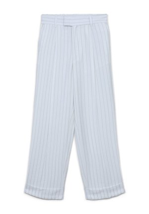 Pantaloni bianchi con strisce verticali grigio chiaro, design a gamba larga, frontale piatto e orli arrotolati. Realizzati in un tessuto morbido e leggero.