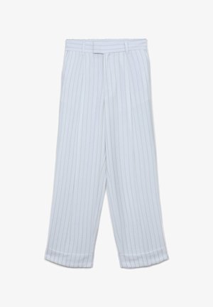 Pantaloni bianchi con strisce verticali grigio chiaro, design a gamba larga, frontale piatto e orli arrotolati. Realizzati in un tessuto morbido e leggero.