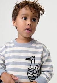 Striped sweatshirt in light gray and white with a blue neckline. Features an embroidered duck design with black accents. Soft fabric.