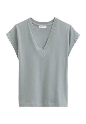 Light gray short-sleeve V-neck shirt with a loose fit and branded label inside the collar.
