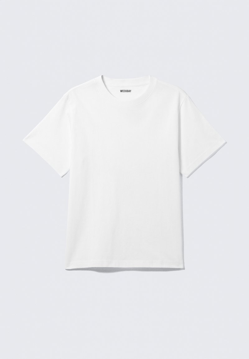 White short-sleeve T-shirt made of cotton, featuring a crew neckline and a relaxed fit. The fabric has a smooth, even texture.