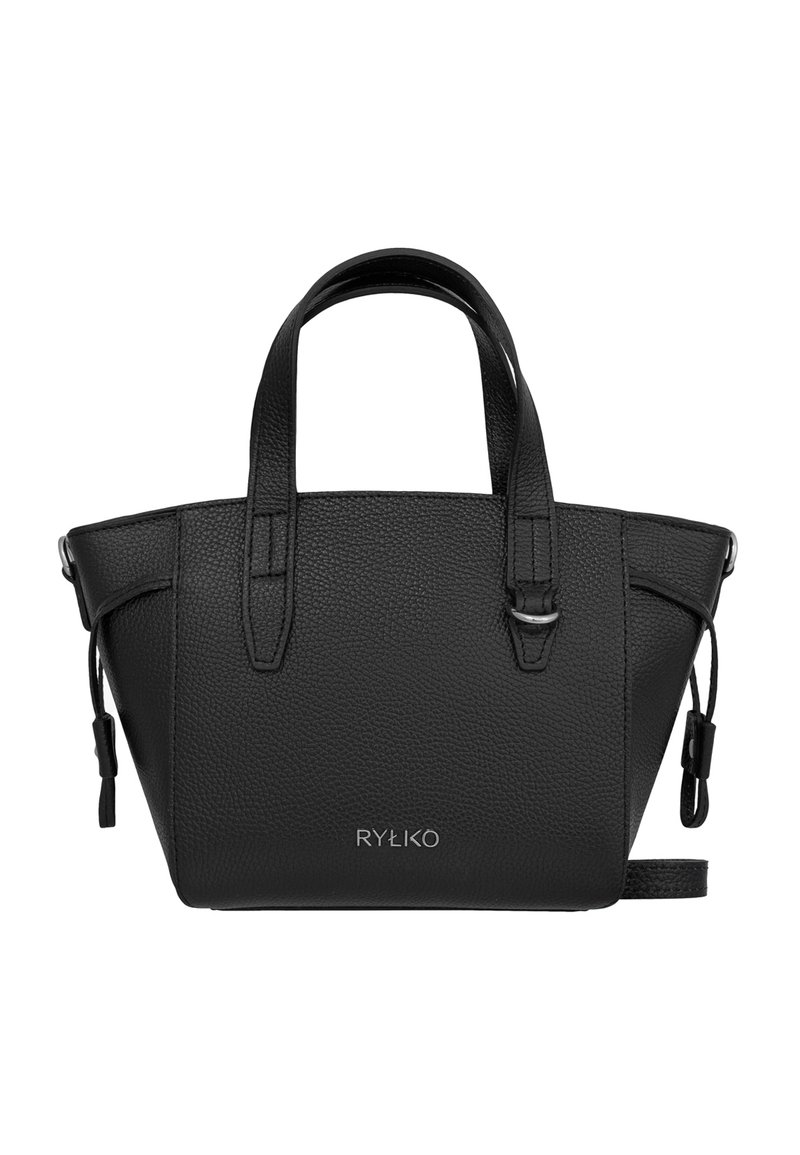 Mustast tekstuuriga nahast käekott kahe sangaga, külgedel paelad ning ees keskel hõbedane "RYŁKO" logo.