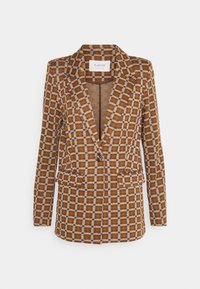 Bruine geruite blazer met een geknipt revers, enkele knoopsluiting en twee voorzakken. Gemaakt van textiel met een gestructureerde stof en contrasterende witte details.