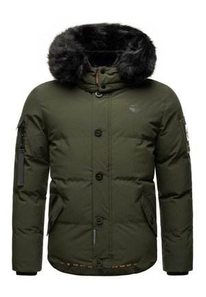 Grüne gepolsterte Jacke mit einer mit Fell gefütterten Kapuze, Frontknöpfen, Seitentaschen und einem Reißverschlussfach am Arm. Mit einem Logo auf der Brust.