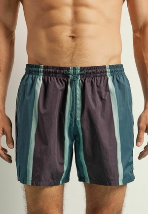 Herren-Badehosen in Tönen von Petrol und Dunkelgrau mit vertikalen Streifen. Verfügt über einen elastischen Bund und eine verstellbare Kordel für den optimalen Sitz.