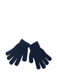 Guantes de lana de color azul marino con diseño de cinco dedos, puños acanalados, textura suave y sin patrones visibles ni acentos de hardware.