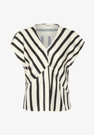 Black and white striped blouse with a V-neck, cap sleeves, and a geometric pattern in a smooth, lightweight fabric.