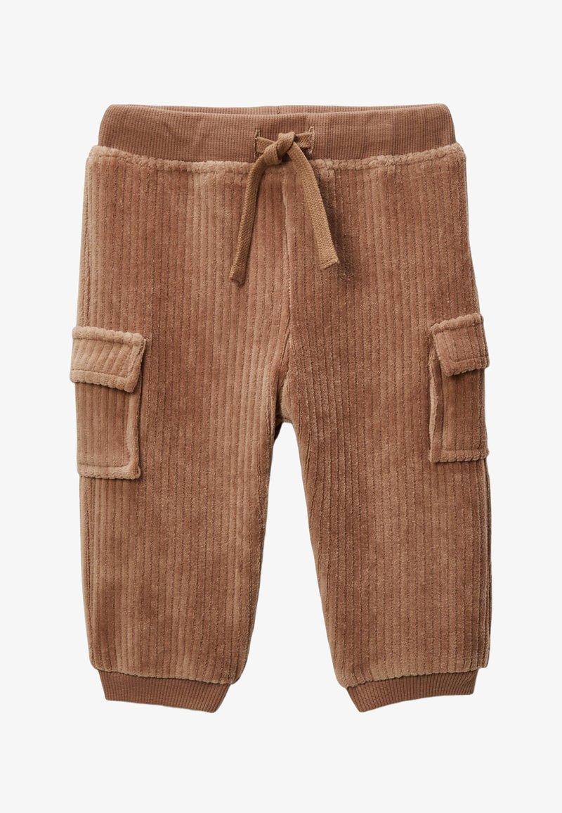 Pantalons en velours côtelé marron avec une texture côtelée, dotés d'une taille élastique avec cordon de serrage et de deux poches cargo latérales.