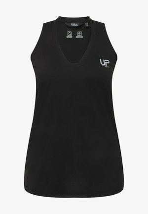 Schwarzes Sport-Tanktop mit V-Ausschnitt, aus schnelltrocknendem und atmungsaktivem Material. Mit dem weißen "UP SPORTS"-Logo auf der Vorderseite.