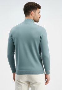 Šviesiai mėlynas megztinis ilgomis rankovėmis su aukštu apykakliu, tekstūruoto audinio, suknelės apačia ir rankogaliai su gofruotais briauneliais, matomas iš nugaros.