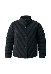 Schwarze Pufferjacke mit hohem Kragen, ausgestattet mit einem Chevron-Steppdesign, metallischen Druckknöpfen und einer glatten Textur.