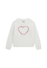 Biały dziany sweter z okrągłym dekoltem. Na przodzie znajduje się czerwony haftowany tekst ułożony w kształt serca. Długie rękawy i prążkowany dół.