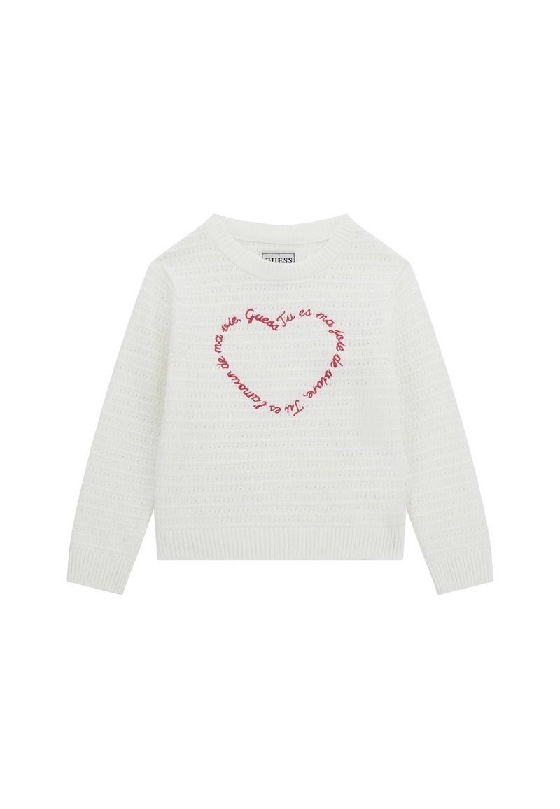 Biały dziany sweter z okrągłym dekoltem. Na przodzie znajduje się czerwony haftowany tekst ułożony w kształt serca. Długie rękawy i prążkowany dół.