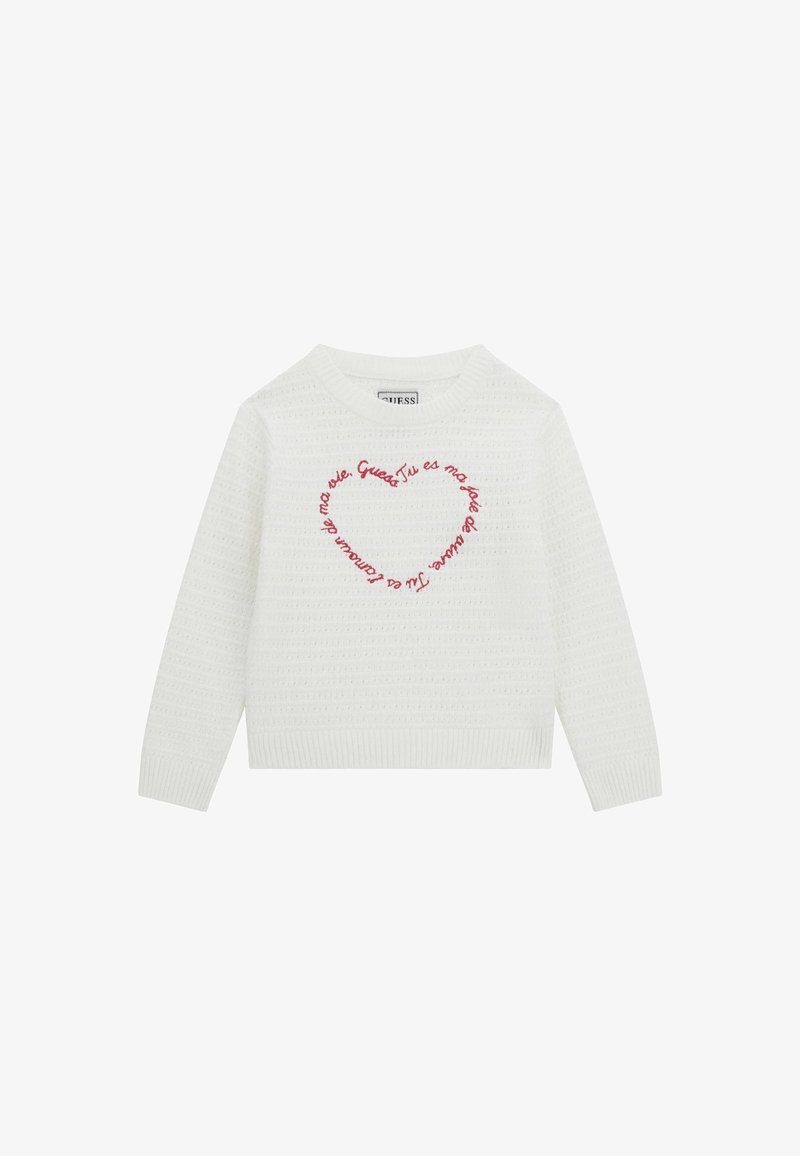 Biały dziany sweter z okrągłym dekoltem. Na przodzie znajduje się czerwony haftowany tekst ułożony w kształt serca. Długie rękawy i prążkowany dół.