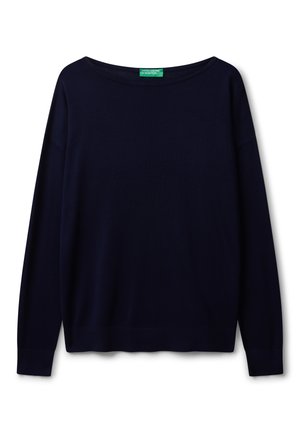 Marineblauwe sweater met lange mouwen, gemaakt van zacht breiwerk, met een bootkraag en een relaxte pasvorm met ribgebreide boorden en onderkant.