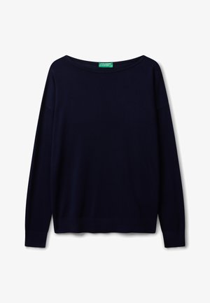 Marineblauwe sweater met lange mouwen, gemaakt van zacht breiwerk, met een bootkraag en een relaxte pasvorm met ribgebreide boorden en onderkant.