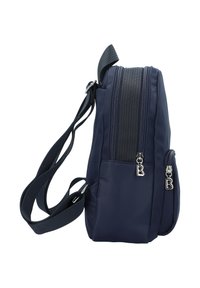 Borsa a spalla blu navy con due scomparti con zip, dettagli testurizzati, tracolla regolabile e design elegante. Compatta e leggera.