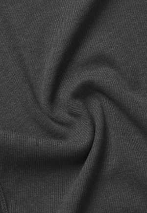 Dark gray ribbed fabric with a smooth texture, displaying subtle sheen and tight weave, forming a spiral pattern in the material.