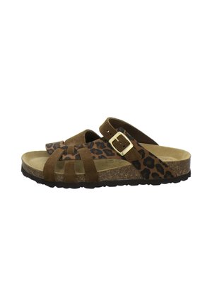 Brown suede sandal with leopard print straps, adjustable gold buckle, cork sole, and black textured outsole, shown in side profile.