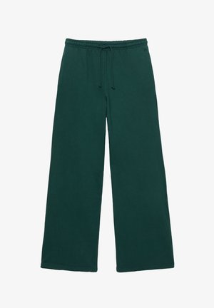 Donkergroene, wijde sweatpants van een zachte stof. Beschikt over een elastische tailleband met verstelbaar trekkoord en geen zichtbare zakken.