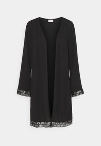 Svart kimono-stil jacka i lätt tyg, med öppen framsida och spetsdetaljer vid ärmarna och nederkant.