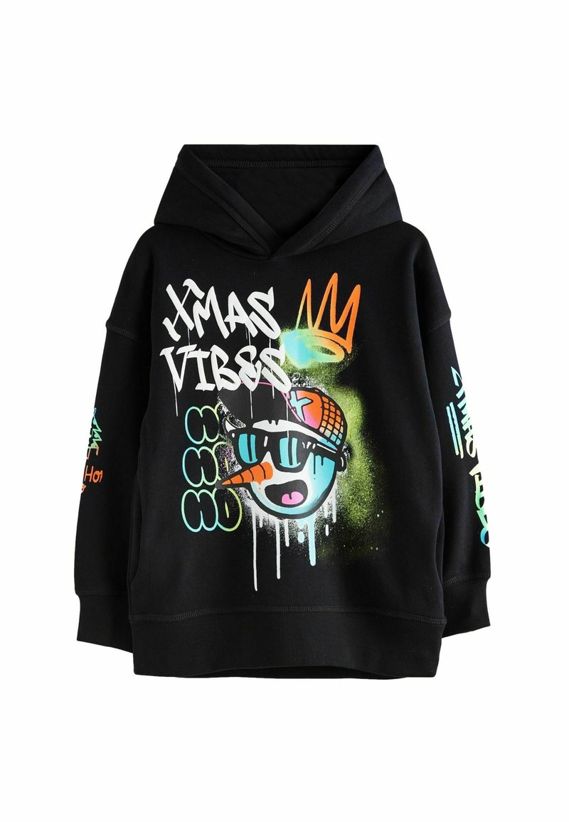 Schwarzer Hoodie mit lebhaftem grafischem Druck, einschließlich eines Cartoon-Gesichts mit Sonnenbrille und einer Karottennase, sowie Text und bunten Akzenten.
