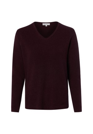 Pull tricoté bordeaux foncé à manches longues avec col en V, présenté sur un fond blanc uni.