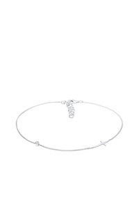 Silverfärgad kedjebracelet med ett korshänge, med en slät yta och en liten rund accent. Inkluderar en lobsterklämma och justerbar längd.