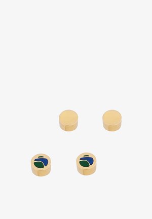 Zlatno-tonirani metalni zakovici s glatkom završnom obradom. Dva imaju apstraktne dizajne u zelenoj i plavoj boji; dva su jednostavno zlatna. Okrugli oblik, kompaktne veličine.