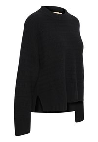 Czarny sweter o teksturowanym wzorze, z prążkowanym okrągłym dekoltem i bocznymi rozporkami. Luźny krój z długimi rękawami i prostym dołem.