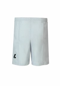 Shorts de sport gris clair avec une taille élastique, présentant un détail de logo noir sur le côté gauche et une texture lisse et mate.