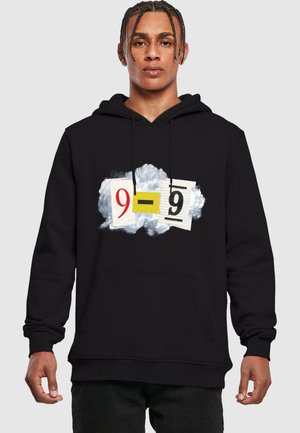 Black hoodie featuring a graphic design of white cloud and paper cutouts with the numbers "9 - 9" in red, yellow, and black. Front kangaroo pocket.