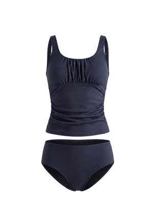 Costume da bagno a due pezzi blu navy a costine con top stile canotta con dettagli raccolti e slip a vita alta a copertura totale.