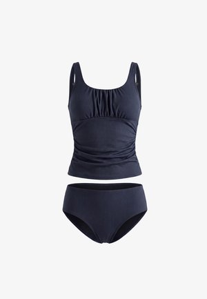 Marineblauer, gerippter zweiteiliger Badeanzug mit Tanktop-Oberteil mit gerafften Details und hochgeschnittenem, voll bedeckendem Slip.