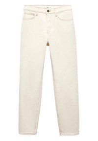 Jean droit taille haute couleur écrue avec fermeture à boutons sur le devant, passants pour ceinture et design à cinq poches.