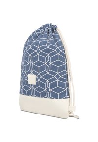 Drawstring backpack made of blue fabric with white hexagonal pattern, featuring a white leather bottom and a small logo patch.