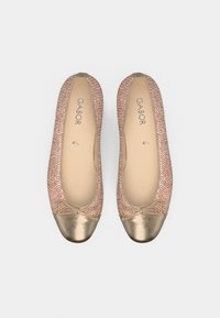 Ροζ πλεκτές μπαλαρίνες με μεταλλική χρυσή μύτη και διακόσμηση με φιόγκο. Λεπτή εσωτερική επένδυση, μέγεθος 4,5, σχεδιασμένες για άνεση και ευκαμψία.