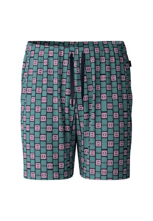 Zwemshorts in teal met een geometrisch patroon in rood en wit. Heeft een verstelbare tailleband met trekkoord en twee zijzakken.