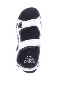Black and white sandal with two adjustable Velcro straps, cushioned footbed, and a durable rubber outsole. Size: 36.