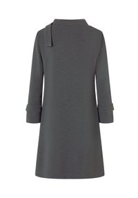 Dark gray dress with a textured fabric, featuring a collar and three-quarter sleeves, tie detail at the shoulder, and rolled cuffs.