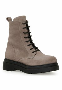 Gray suede ankle boots with black laces, a rounded toe, and a thick black rubber sole. Features a pull tab at the back for easy wear.