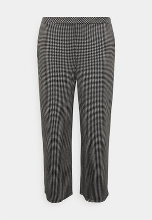 Calças pretas e brancas estampadas com um design de pied-de-poule, corte reto e um acabamento de tecido suave. Cintura elástica para conforto.