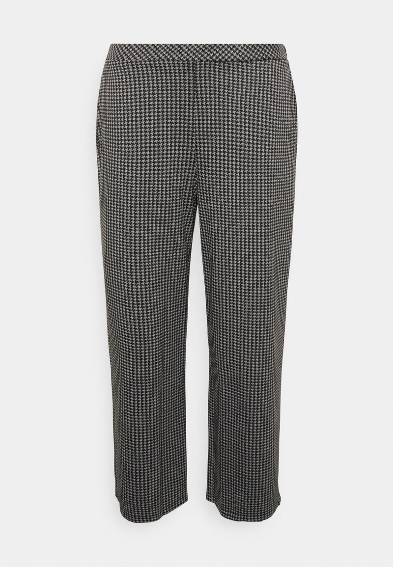 Calças pretas e brancas estampadas com um design de pied-de-poule, corte reto e um acabamento de tecido suave. Cintura elástica para conforto.