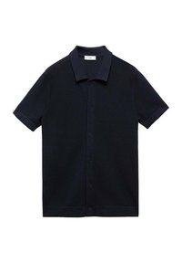 Pánská polokošile s krátkým rukávem v námořnické modré barvě vyrobená z texturované tkaniny, se stojáčkovým límečkem a zapínáním na pět knoflíků.