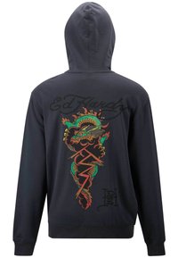 Hættebluse i navy med livlige dragekunstværker i farver som grøn, rød og gul på ryggen; tekstureret stof, ribbede manchetter.