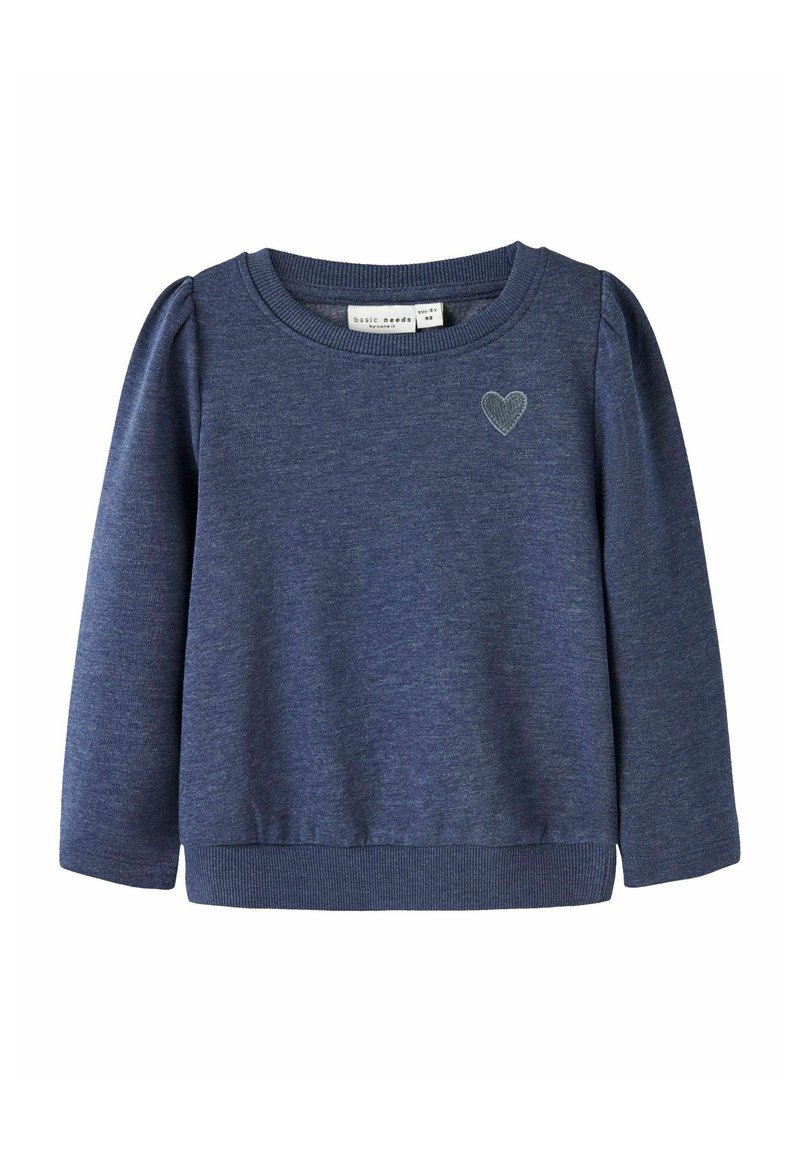 Felpa a maniche lunghe per bambini di colore blu navy, con polsi e orlo a costine, piccolo cuore ricamato sul lato sinistro del petto.