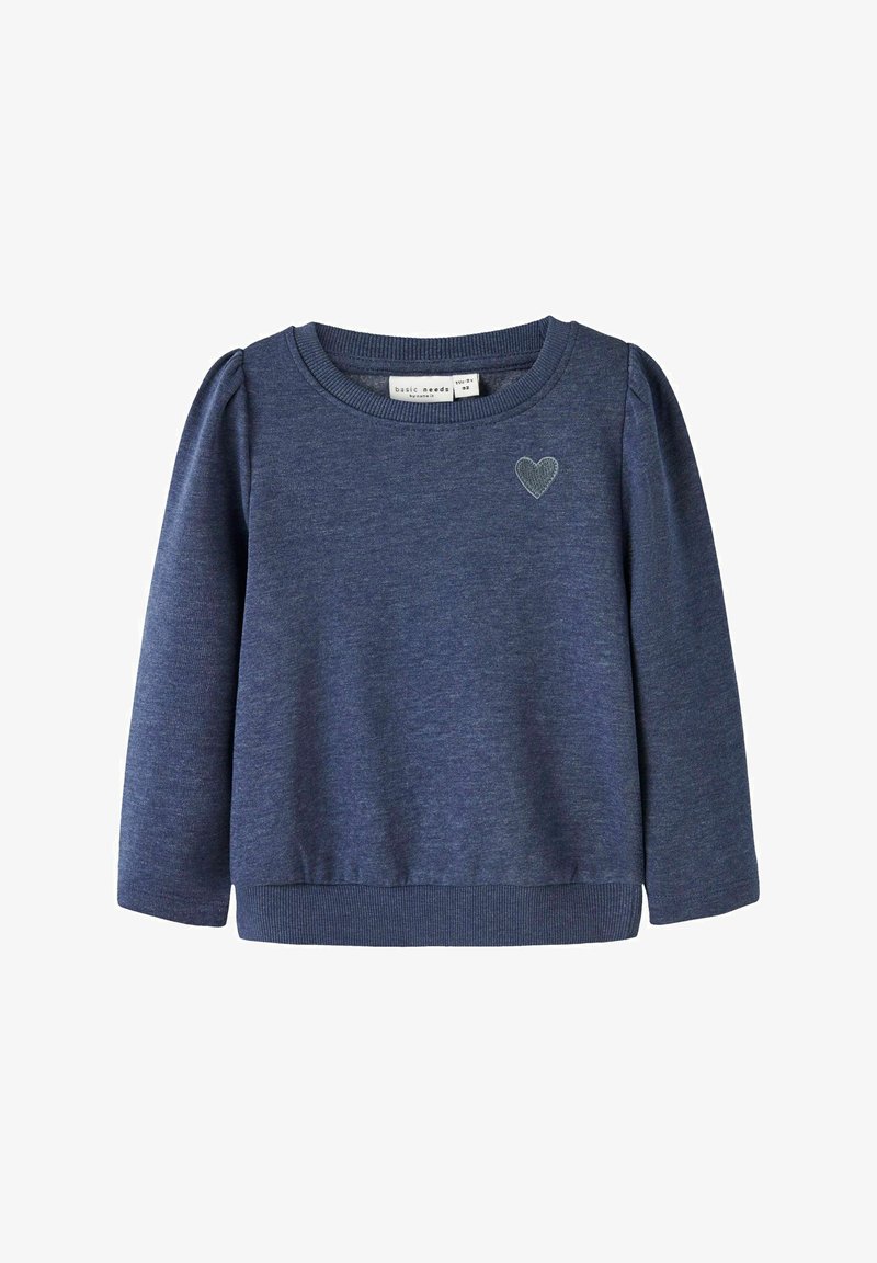 Felpa a maniche lunghe per bambini di colore blu navy, con polsi e orlo a costine, piccolo cuore ricamato sul lato sinistro del petto.